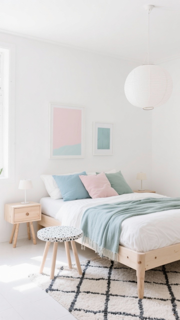 Medium shot, Scandinavian Pastels With Clean Lines: White walls with powdery pastels—blush, mist blue, sage—in pillows, throws, and art; simple birch bed; peg-leg nightstands; paper lantern lighting overhead; speckled terrazzo side table beside the bed; geometric rug anchoring the scene; bright, even daylight for cheerful modern charm.