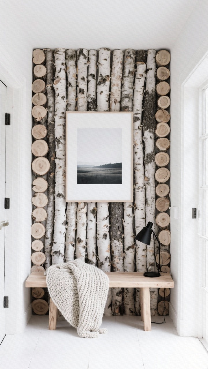 Medium shot, Scandinavian rustic entry nook: wall clad in vertically stacked birch logs (half-slices) creating soft pattern; one oversized minimalist landscape print centered to calm the texture; pale oak bench below with chunky knit throws; simple black floor lamp; palette white, pale oak, charcoal, fog gray; textures birch bark, knit wool, matte paper; bright, airy natural light; straight-on.