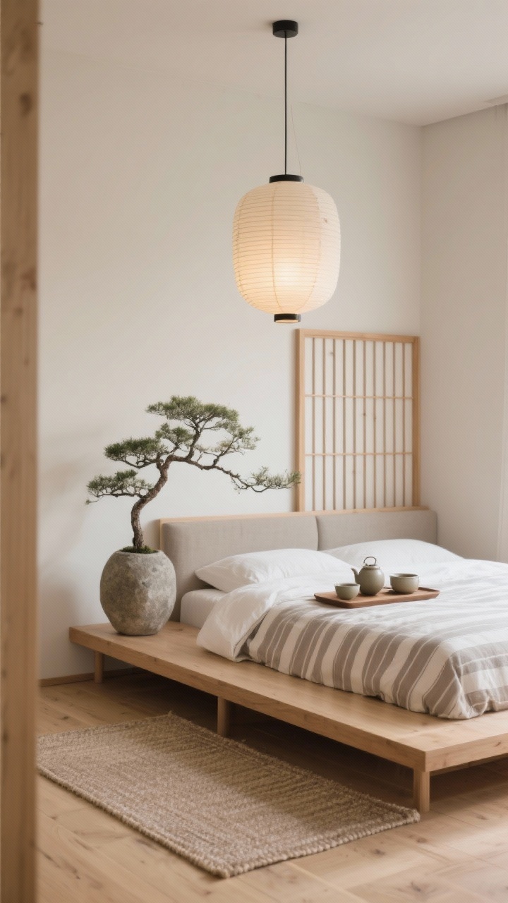 Medium shot, serene perspective: Japandi calm guest room with a low ash platform bed, pale wood flooring, and a flatwoven rug; a paper lantern pendant hangs above, while a simple shoji-inspired slatted screen creates a headboard moment; palette in oat, ash, and bone; thin-striped duvet on the bed, a stone vase holding a bonsai-style branch on a low tray with a ceramic tea set; soft, natural daylight.