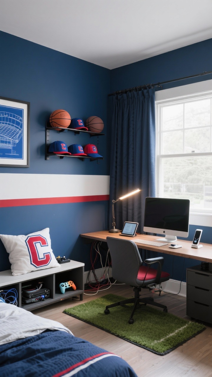Medium shot, Sports-Gamer Hybrid Hangout: steel blue walls with a white stripe and a team-color accent, wall rack holding basketballs and hats, low console neatly hiding controllers and wires, bed with jersey-style bedding and a varsity letter pillow, desk with large monitor, tablet stand, and charging dock for wearables, turf-style doormat, framed stadium blueprints, blackout curtains; balanced daylight with task light at desk, photorealistic, straight-on.