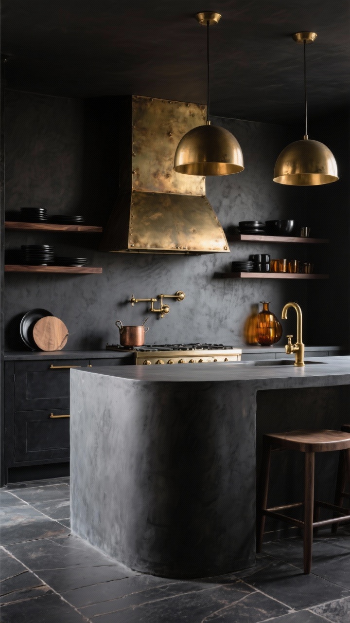 Medium shot, straight-on: A monolithic island and backsplash wrapped in smooth charcoal microcement, accented with antique brass hardware, brass pot filler, and a patinated brass-clad statement range hood; open shelves in blackened oak holding matte black dishes and amber glass; two brass dome pendants over the island; large-format slate tile flooring, moody luxe ambiance, photorealistic.