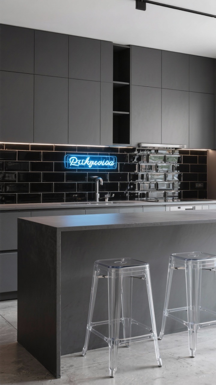 Medium shot, straight-on: A sharp matte graphite kitchen with flat-front cabinets and a matching waterfall island; glossy black subway tile backsplash reflecting subtle highlights; a single neon sign in electric blue mounted above the backsplash; gunmetal fixtures, concrete-look porcelain floors, and clear acrylic stools keeping it airy; clean edges, futuristic and edgy mood, photorealistic.