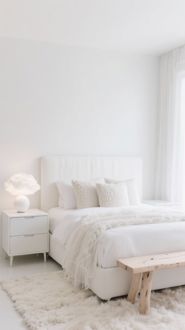 Medium shot, straight-on: A soft minimal white-on-white sanctuary featuring crisp white walls, a white upholstered headboard, and white-lacquered nightstands; layered textures include boucle pillows, gauzy sheer curtains, and a fluffy off-white wool rug; a pale birch bench at the foot of the bed subtly breaks the tone-on-tone palette; diffused glow from a white globe lamp creates a cloudlike ambiance; colors limited to white, off-white, and pale birch.