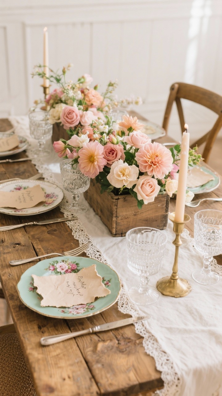 Medium shot, straight-on: A wood table partially exposed with an ivory runner. Mismatched vintage floral china layered at each setting, old-school silver flatware, and lace-trimmed napkins. A wooden crate brimming with garden roses and dahlias sprawls across the center like a flower stall. Etched crystal glassware sparkles; brass taper candle holders with delicate candles add glow. Detail of handwritten place cards on torn deckle-edge paper. Palette: blush, sage, cream, antique gold. Soft afternoon light.