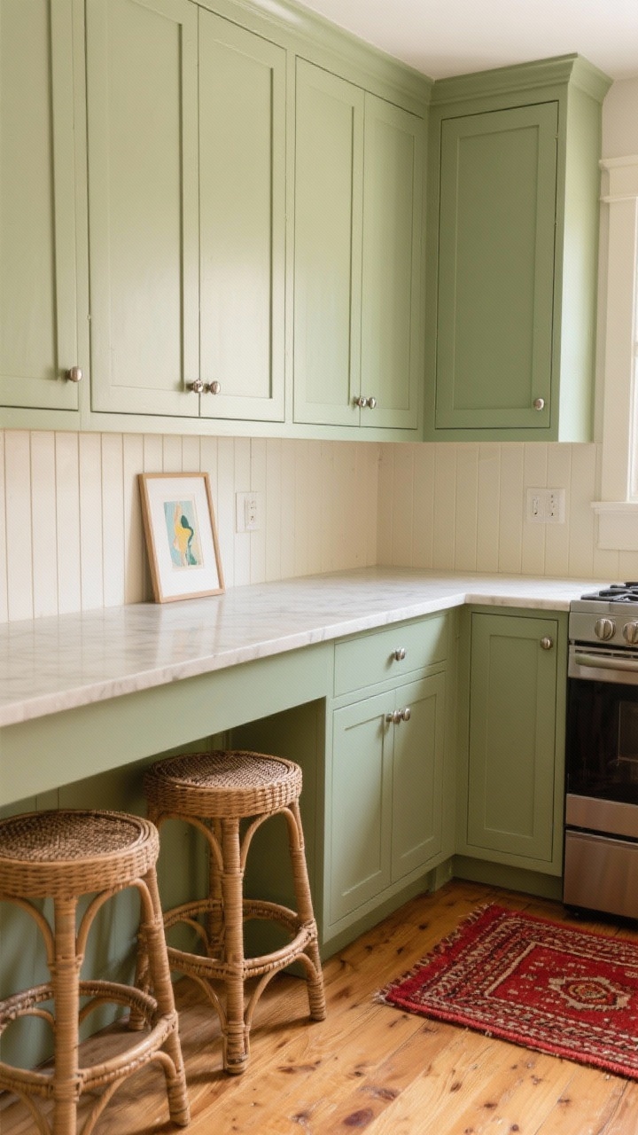 Medium shot, straight-on: Cozy-modern kitchen with soft sage green Shaker cabinets, creamy quartz counters, and a vertical beadboard backsplash. Brushed nickel knobs and cup pulls. Rattan stools tucked under the counter, a small vintage-red runner on warm wood floors, and a petite art print casually leaned against the backsplash. Bright, approachable, fresh.