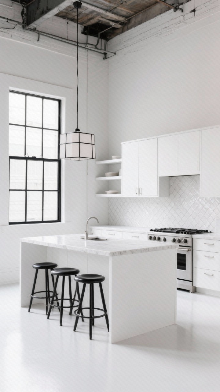 Medium shot, straight-on graphic composition: All-white cabinets, white quartz countertop, and white epoxy floor creating a crisp base; a black steel grid defining window mullions, open shelf frames, and a cube pendant chandelier; white Zellige tiles behind the range for subtle texture; black leather stools with minimalist silhouettes; airy gallery-in-a-warehouse vibe, photorealistic.