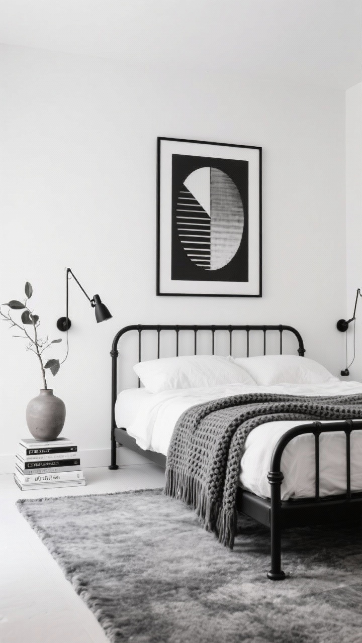 Medium shot, straight-on: Monochrome modern bedroom with matte white walls, a low black metal bed frame, and a large graphic black-and-white artwork centered above the headboard; a plush mid-gray rug softens the floor, a neatly folded waffle-knit blanket at the foot; minimalist styling with a single ceramic vase, a stack of design books, and a leafy branch; adjustable black swing-arm sconces provide focused light; lines slim, modern, uncluttered.