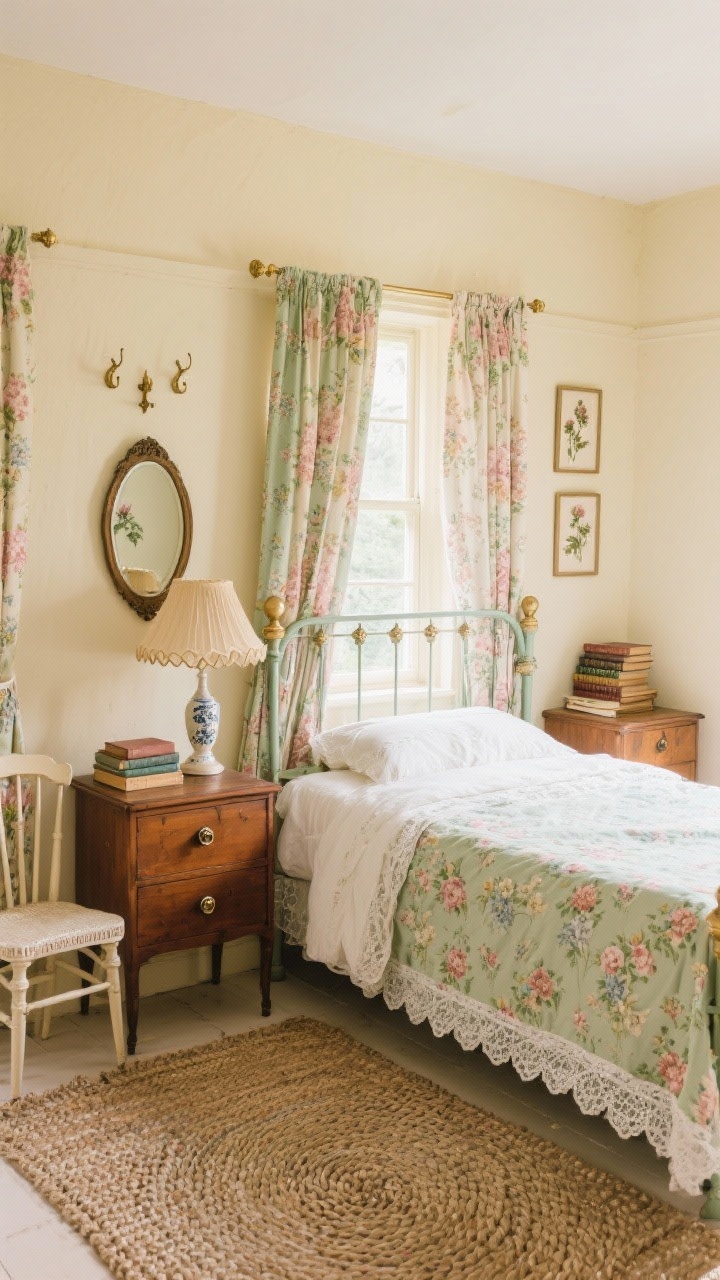 Medium shot straight-on of a cottagecore room: buttery cream walls, painted iron bed dressed with floral bedding and lace-trim sheets. Chintz curtains in soft sage, blush, and cream; small mahogany dresser with a vintage mirror above; scalloped lampshade on a bedside lamp; braided rug. Include mismatched bedside tables, a spindle chair, ceramic knobs on furniture, pressed flowers in frames, brass hooks on the wall, and a stack of classic novels on the nightstand. Soft, diffused daylight.