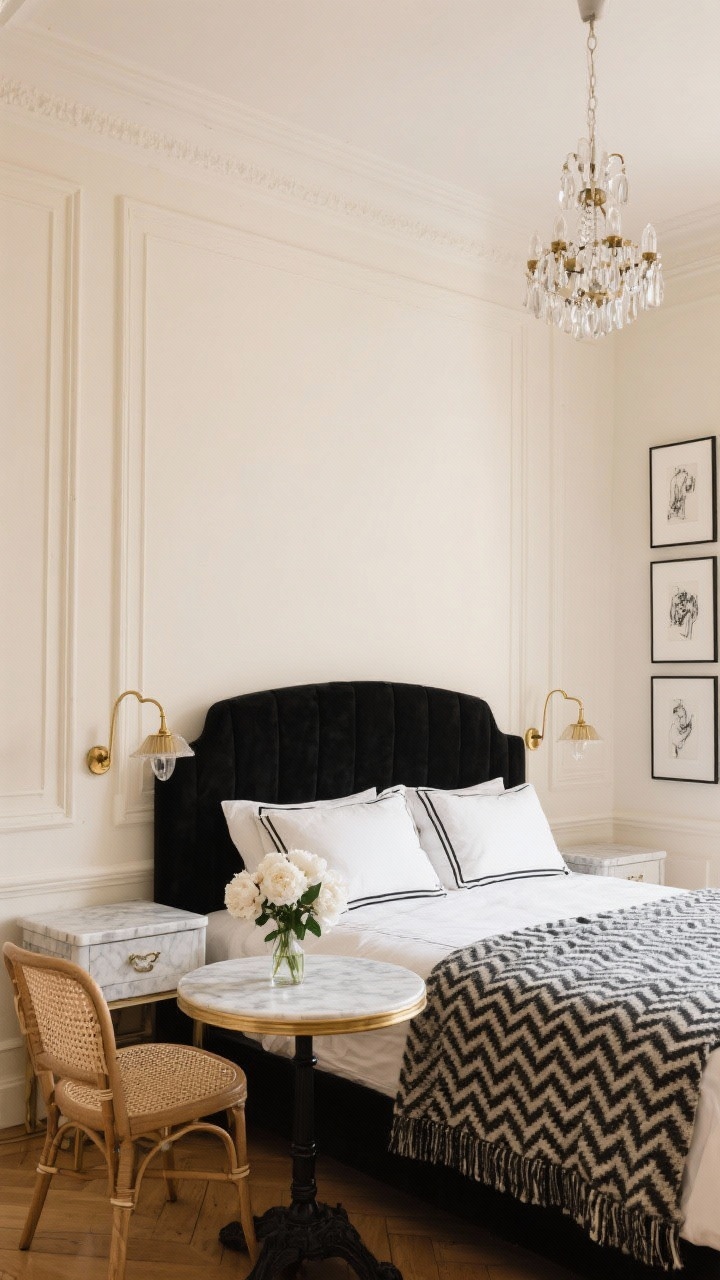 Medium shot straight-on of a Parisian chic bedroom: cream walls with simple picture frame molding, black velvet curved headboard, marble-topped nightstands, and hotel bedding with black piping. Herringbone throw across the bed, brass swing-arm sconces, petite crystal chandelier overhead. A petite bistro table with a cane accent chair and a bud vase holding white peonies or ranunculus. Gallery of black-and-white sketches arranged neatly. Soft, warm glow.