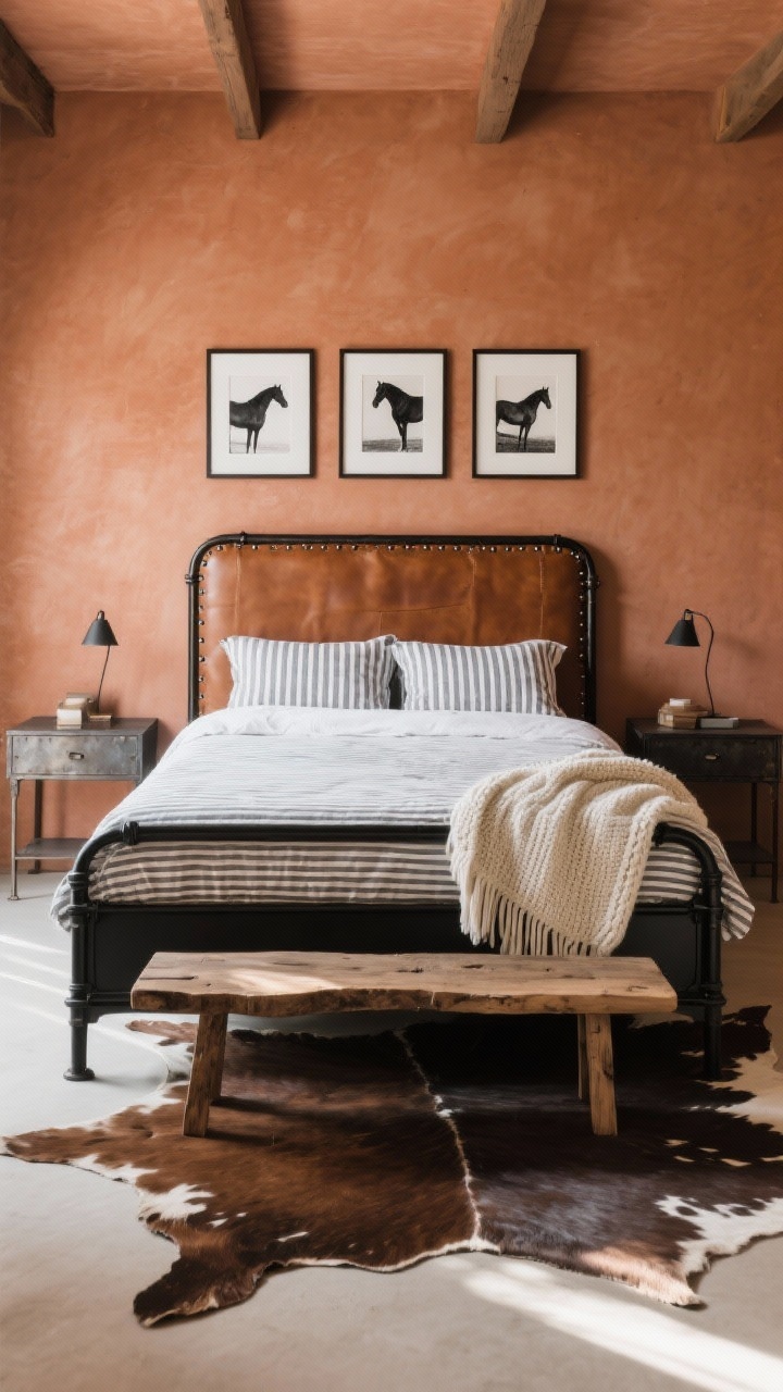 Medium shot, straight-on view of a modern ranch bedroom: matte clay terracotta walls, low-profile black iron bed with a cognac leather headboard, riveted metal nightstands on both sides, striped cotton sheets and a heavy knit throw in ivory, trio of framed black-and-white horse photos above the bed, cowhide rug partially visible; raw-edge wood bench at the foot of the bed; clean, masculine styling with soft natural daylight.