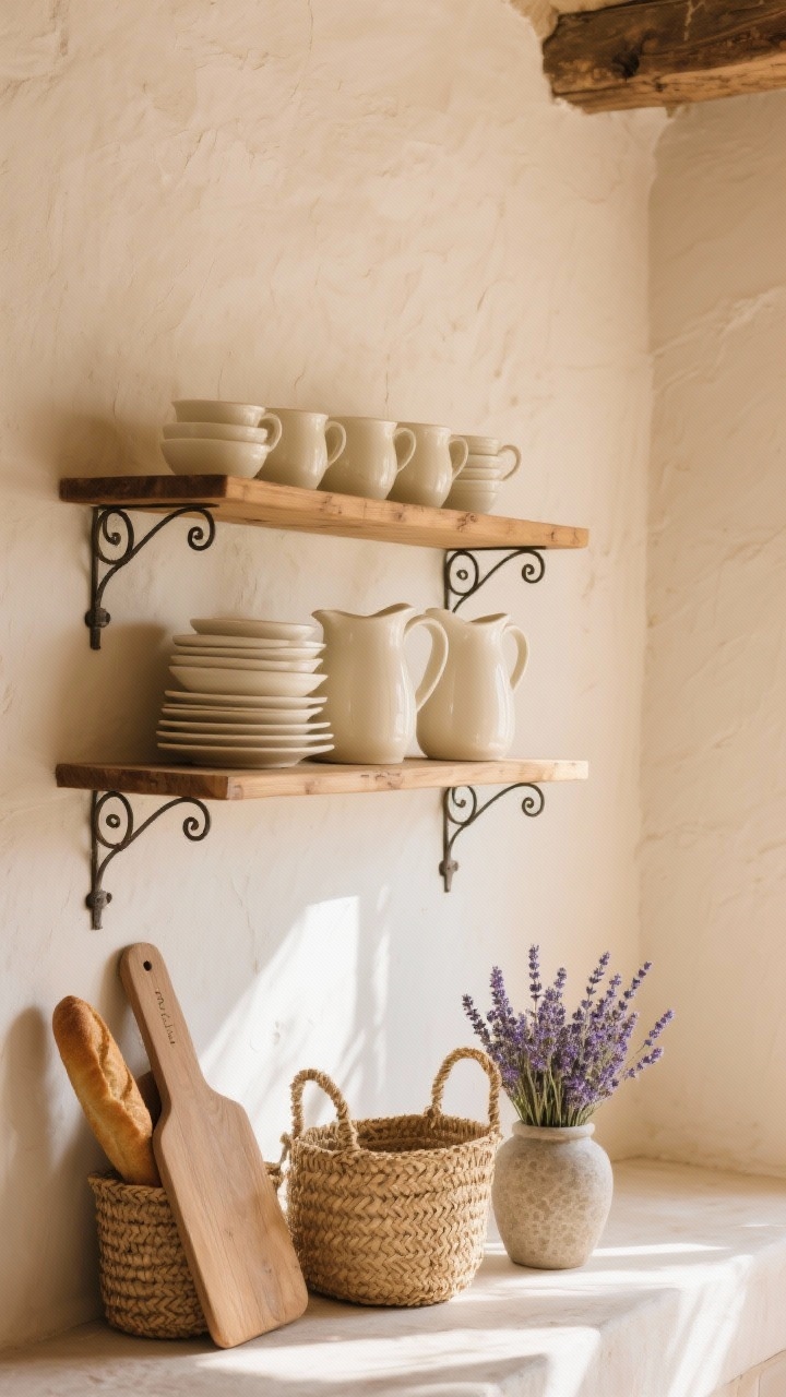 Medium shot, sunlit farmhouse: Soft cream walls with warm oak shelves supported by iron scroll brackets. Styled with creamy crockery—stacked cream pitchers—baguette boards leaning, woven seagrass baskets, and a small arrangement of dried lavender in a stone jar. Warm, natural afternoon light for a relaxed Provençal feel, no people.