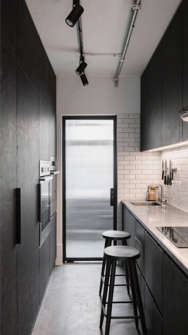 Medium shot, tight galley perspective: A micro-loft kitchen with slim matte black cabinets, stainless counters, and a single open rail for essentials; vertical subway tile stretching the height; sliding steel-and-glass doors partially closed to conceal the kitchen; a narrow peninsula with two stools; track lighting with adjustable heads and a magnetic knife strip; efficient, refined city-cool, photorealistic.
