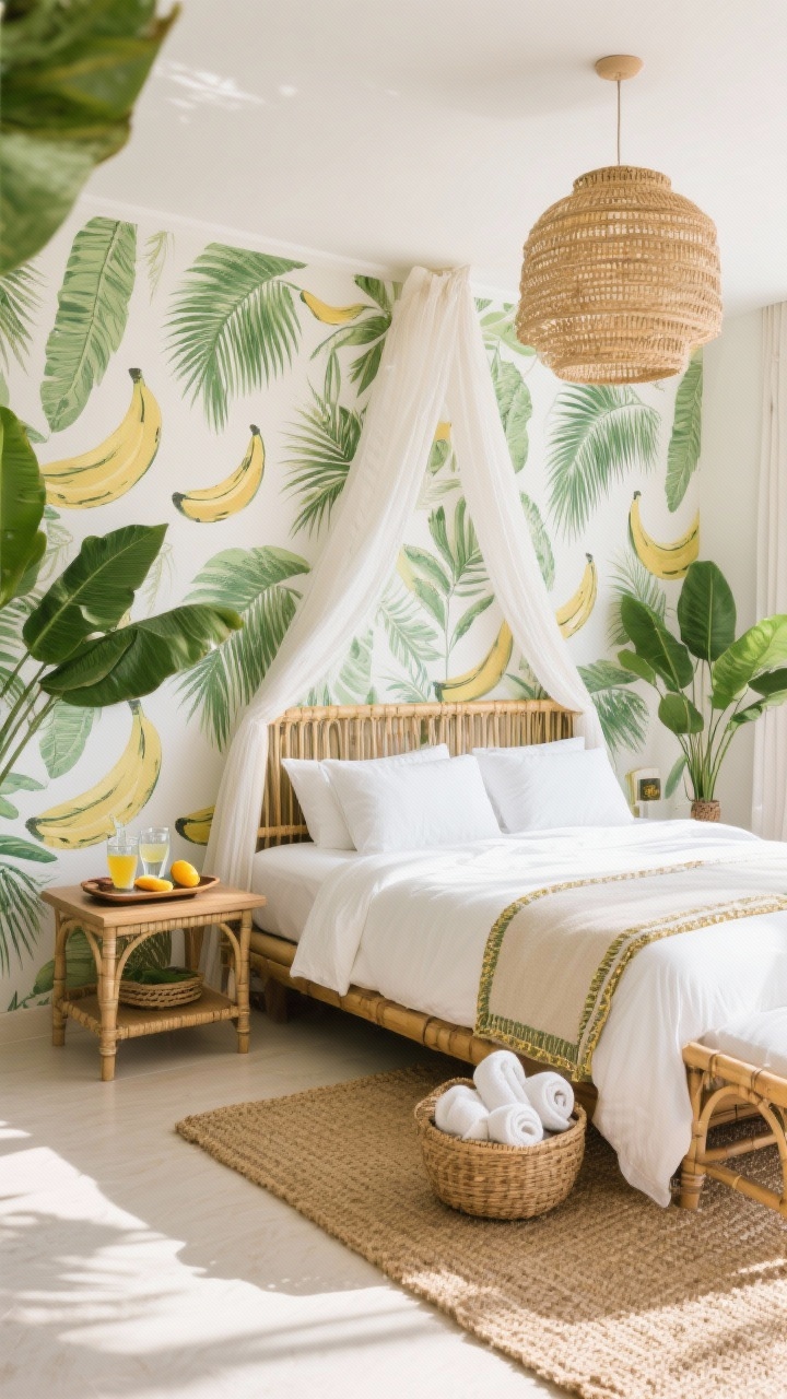 Medium shot tropical resort escape: leafy green accents, rattan furniture, crisp white linens with bamboo trim; canopy bed lightly draped with gauzy fabric, woven pendant overhead; palm prints or banana leaf wallpaper feature wall; nightstand tray with citrus water and glasses; sisal rug and basket with rolled towels; bright, breezy daylight like a vacation suite.