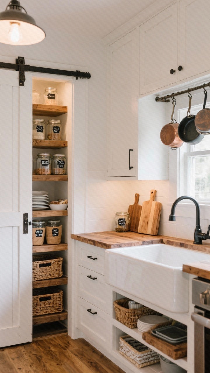 Medium shot, Urban Farmhouse: white shaker cabinets, butcher block counters; sliding barn door partially open revealing a narrow pantry niche with wooden shelves, glass jars, and bins labeled with black-and-white tags; pot rack over the sink; deep apron-front sink subtly hiding dishes; under-cabinet baskets storing cutting boards and trays; warm farmhouse lighting, photorealistic.