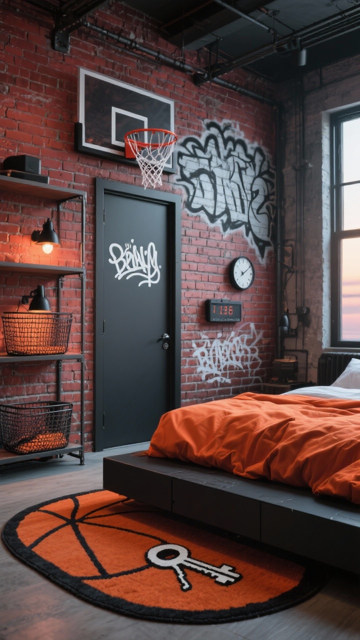 Medium shot, urban loft vibe: Brick-effect wallpaper backdrop with industrial metal shelving. A mini basketball hoop over the closet door and a rug featuring a painted key area for playful shots. Charcoal platform bed with burnt-orange bedding reminiscent of a basketball, mesh storage baskets, matte black sconces, graffiti-style name decal on the brick, and a small scoreboard clock. Palette brick red, charcoal, black, white. Evening window light with soft shadows.