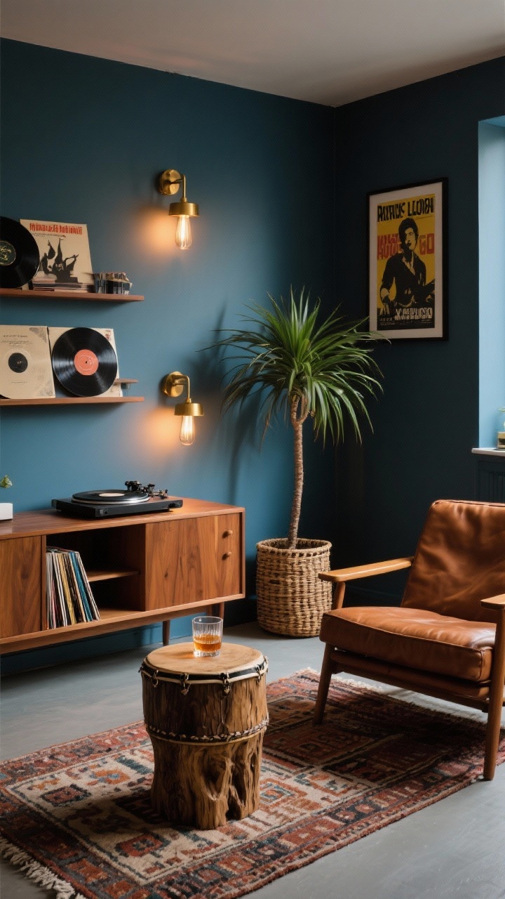 Medium shot, Vintage Record Lounge: muted ink blue walls, mid-century wood credenza with record player, tobacco leather club chair, low Berber rug, floating shelves with vinyl records, palm in a woven basket, brass picture lights highlighting framed band posters; drum-style or carved stump side table with a whiskey glass; dim, layered warm lighting.