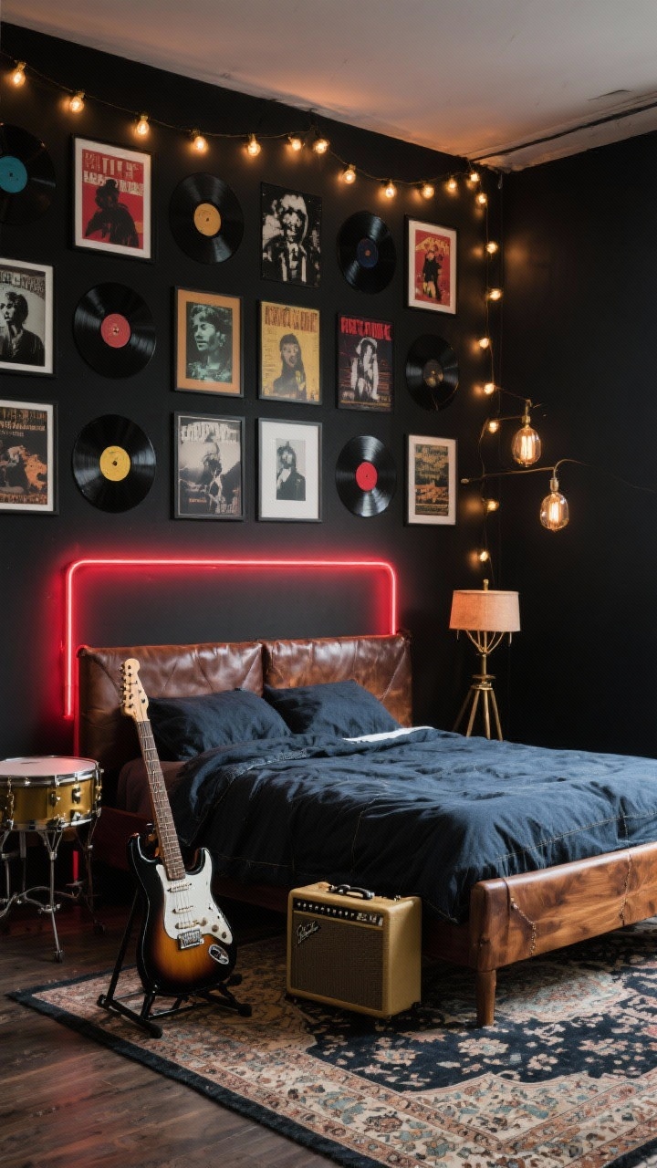 Medium shot: Vintage rock studio vibe with a black accent wall covered in framed band posters and vinyl records mounted in a neat grid. Walnut bed frame, dark denim bedding, and a faded Persian-style rug. Layered lighting: Edison bulb string lights draped across the wall, drum-style floor lamp, and red-tinted LED glow behind the headboard. Guitar stand with electric guitar and a compact amp create a playable corner. Materials: distressed leather, aged brass, black metal.