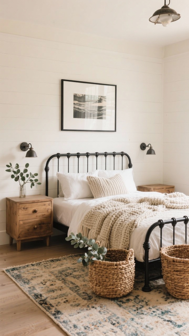 Medium shot, Warm Modern Farmhouse—But Make It Chic: Cream walls and a soft black spindle bed; natural wood nightstands; chunky knit throw draped across vintage-style rug with faded tones; black-framed wall art; industrial-style sconces flanking the bed; woven baskets at the foot; a sprig of eucalyptus on the dresser; warm, diffused daylight.