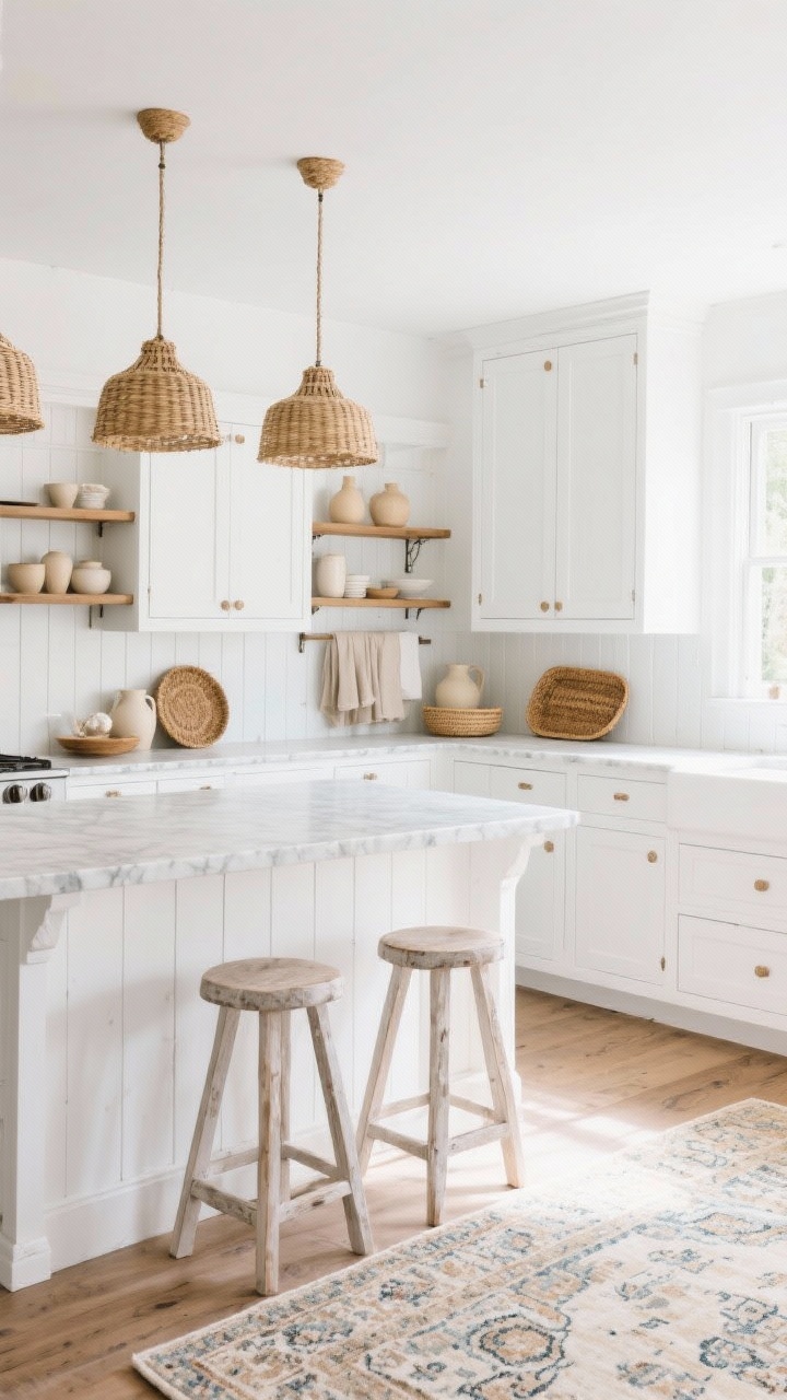 Medium shot: White-on-white rustic kitchen with cloud white cabinets, white beadboard backsplash, and oyster quartz countertops. Open oak shelves display creamy pottery, oatmeal linens, and woven trays. Limewashed wood stools sit beneath a rattan pendant cluster; a vintage Persian rug in faded neutrals lies on the floor. Photorealistic, bright diffuse daylight, straight-on.