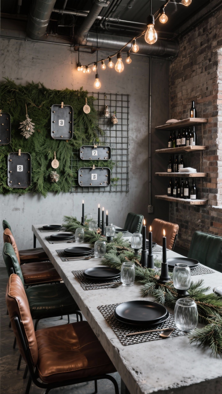 Medium, side-angle shot of industrial loft evergreen edge: concrete-look placemats, matte black plates, metal mesh runner; long cedar boughs down the center with black candles in smoke-glass hurricanes; leather chair cushions, exposed bulb string lights overhead; wall-mounted greenery grid with ornament clips; riveted trays, numbered place tags, reclaimed wood shelving with winter bottles; palette black, steel gray, espresso brown, deep green; cool, urban lighting.