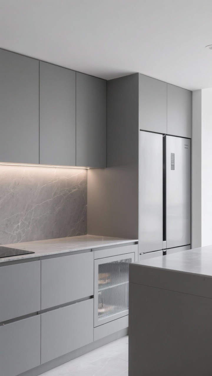 Medium, sleek gray monochrome kitchen: pale gray walls, matte gray handleless cabinets, mid-gray quartz countertop and full-height matching slab backsplash for a seamless look, under-cabinet LEDs washing counters with soft light; a couple of cabinet doors in fluted glass revealing subtly blurred contents, panel-ready fridge aligning flush; ultra-streamlined, minimalist mood.