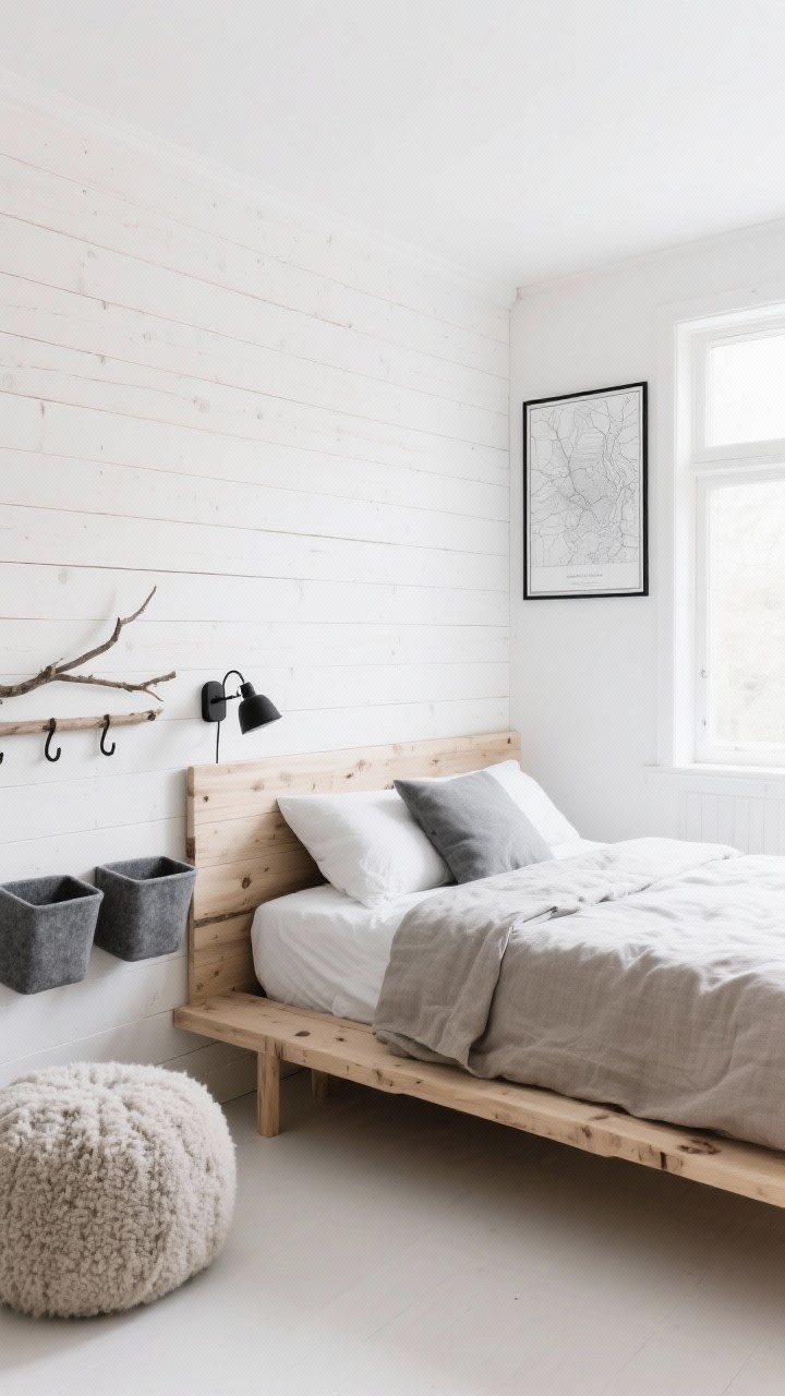 Medium, straight-on Scandinavian rustic bed wall: whitewashed wood plank headboard wall, rest of the room crisp white, simple birch platform bed layered with linen in stone gray and soft taupe, minimal decor including a branch hook rack, felt storage bins, and a wool pouf; black accents in a single sconce and picture frames; framed grayscale topographic map; bright natural light, airy and calm.