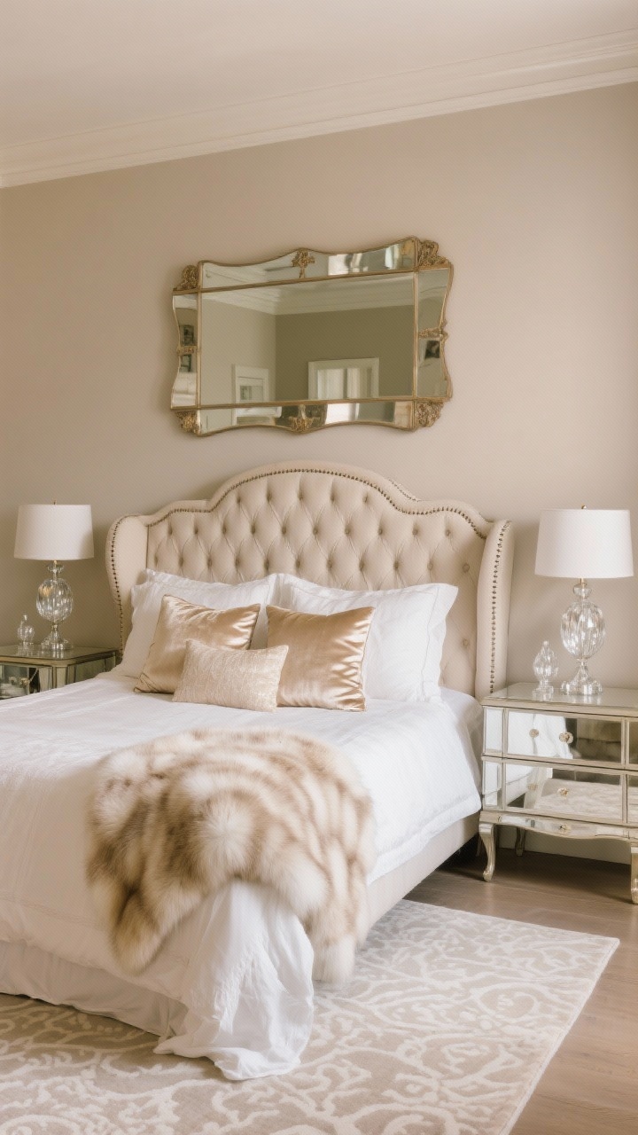 Medium straight-on shot: A soft glam neutral bedroom with warm greige walls, a tufted wingback headboard, satin-trimmed white bedding, mirrored nightstands, and mercury glass lamps for gentle sparkle; a faux fur throw, champagne-toned velvet pillows, a pale patterned rug, and a large antiqued mirror above the dresser reflecting light; luminous, elegant ambiance, photorealistic.