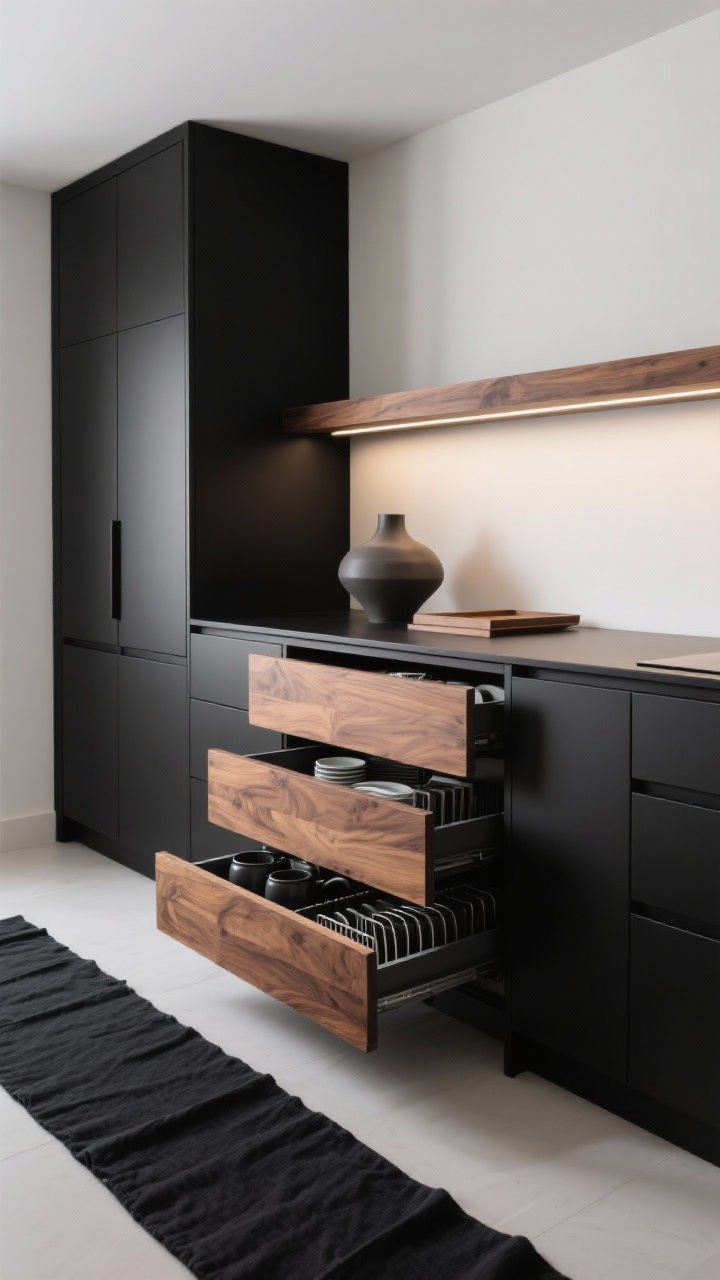 Medium, straight-on shot of modern black-and-walnut cabinetry: matte black base cabinets paired with walnut slab drawer fronts; one open drawer revealing full-extension dividers—plate risers, deep bins for pots, vertical pan organizers for lids and sheet trays; a single long walnut shelf overhead with integrated LED lighting; hidden toe-kick drawer slightly ajar with flat trays; minimal decor—a sculptural vase and black linen runner; crisp, contemporary light.