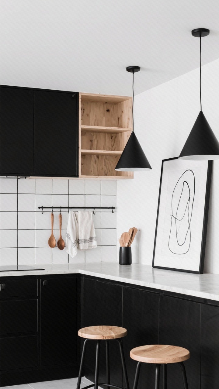 Medium, straight-on view of a black-and-birch contrast kitchen: matte black lower cabinets paired with birch plywood uppers and open shelves with exposed edges, clean white square tile backsplash with dark grout, slender black metal rail running along the backsplash holding wooden spoons and linen towels, cone-shaped black pendants above a counter, black counter stools with birch seats, an oversized framed black line drawing leaning on the wall; crisp, graphic, high-contrast lighting.