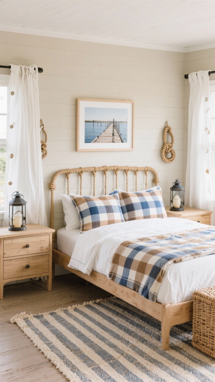 Medium, straight-on view of a boardwalk bungalow: soft sand walls, rope-wrapped headboard or rope-detail bench, coastal plaid bedding in blue, tan, and white with a crisp white coverlet; light oak dresser and woven nightstands; striped flatweave rug reminiscent of boardwalk slats; decor with lanterns and rope knots, a framed pier photograph; white linen grommet curtains moving with a gentle breeze; relaxed, preppy mood.