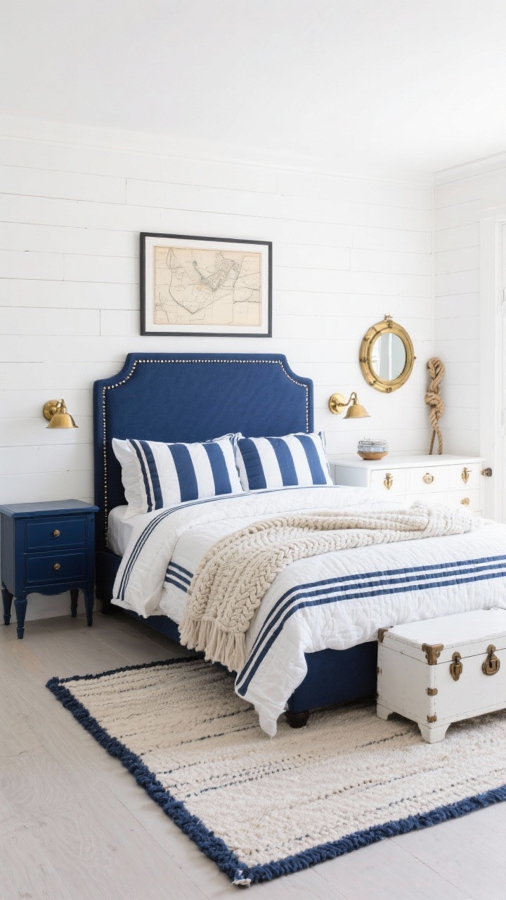 Medium, straight-on view of a crisp blue-and-white nautical bedroom with bright white shiplap walls, a sleek navy upholstered headboard with nailhead trim, navy-and-white striped bedding layered with navy ticking stripe sheets, white quilt, and a cable-knit throw; mismatched sides: a lacquered navy nightstand on one side and a white campaign chest on the other; polished brass sconces flanking the bed, a flatweave rug with a subtle navy border, decor including framed vintage nautical charts, a brass porthole mirror, and a rope knot doorstop; bright, clean lighting.