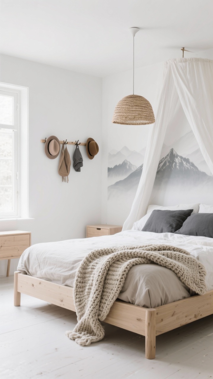Medium, straight-on view of a Scandinavian calm bedroom with white walls, pale oak furniture, and a low-profile bed dressed in oat and slate linens; a chunky knit throw draped over the foot, a cotton canopy above the bed, and a woven pendant light overhead; a peg rail holding hats and a simple muted mountain mural on the adjacent wall; soft, diffused daylight and a serene mood with white, oat, dove gray, and pale wood tones.