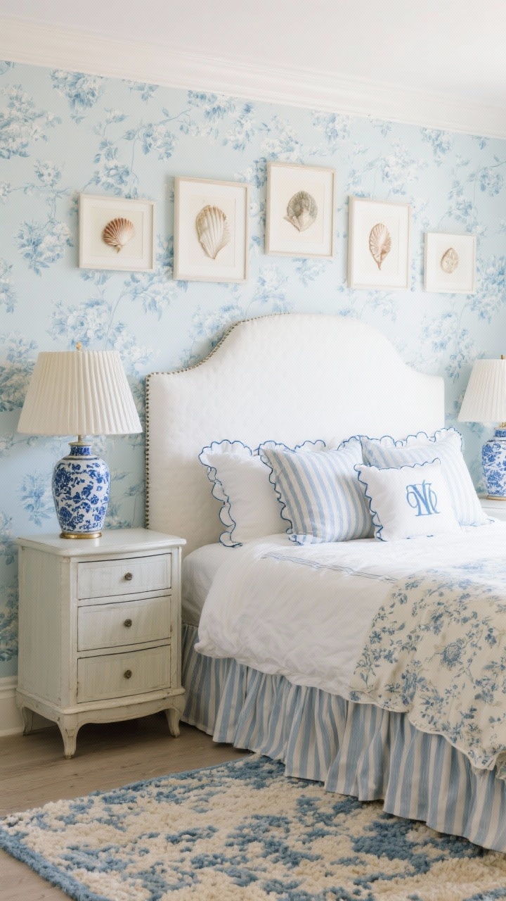 Medium, straight-on view of coastal grandmillennial charm: a white upholstered headboard against a pale blue floral wallpaper accent wall, skirted nightstands in a petite stripe topped with matching pleated lampshades and a blue-and-white ginger jar lamp; bed layered with monogrammed shams with scalloped edges, mixed chintz, ticking, and subtle seersucker textiles; gallery wall of vintage shell studies and a soft, hand-knotted-look rug in blues and creams; elegant, gentle lighting.