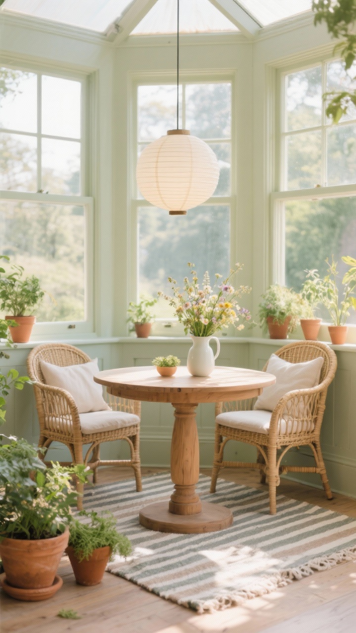 Medium, sunlit conservatory breakfast corner: three walls of windows bathing a small round oak pedestal table and woven rattan chairs with linen cushions in morning light; soft palette of sage, wheat, and cream; simple paper lantern pendant diffuses light; terracotta pots with herbs, striped cotton rug underfoot, and a pitcher of wildflowers on the table; airy, plant-forward feel, photorealistic, no people