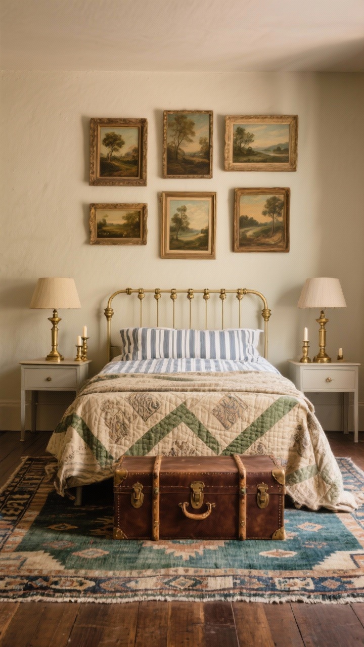 Medium vignette with heritage layers: leather steamer trunk at foot of bed as storage bench, above-bed arrangement of antique oil landscapes in mismatched frames, Jenny Lind spindle bed dressed in ticking stripes and an heirloom-looking quilt; brass candlestick lamps on simple nightstands; kilim rug adding depth; palette tobacco, moss, cream, indigo; warm, nostalgic lighting; slightly elevated perspective.