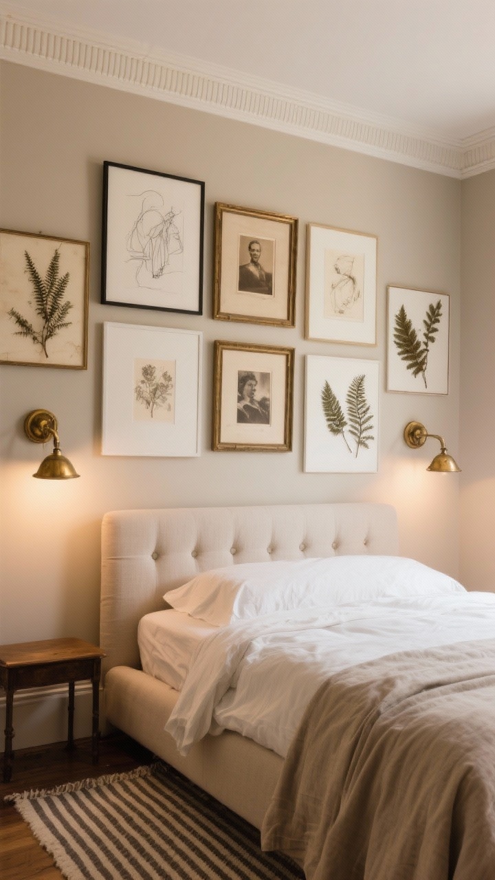 Medium wall-focused vignette: warm greige walls with a cohesive gallery wall of vintage sketches, sepia photos, and pressed ferns, antique brass picture lights illuminating the arrangement; simple upholstered bed in neutral fabric below, striped rug partially visible, linen bedding kept understated; picture rail running along top for easy swaps; palette greige, ink, brass, ivory; soft ambient lighting; slight upward angle.