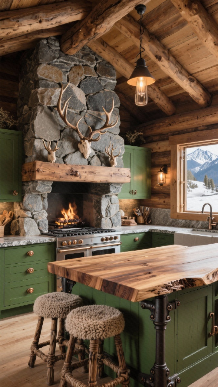 Medium-wide: Alpine lodge kitchen featuring a rough-hewn timber ceiling and a stone feature wall behind the stove. An island wrapped in live-edge walnut with iron brackets pairs with deep moss green cabinets and hammered bronze pulls. Soapstone countertops, woven wool stools, and antler-inspired sconces create a cozy, mountain-retreat mood. Photorealistic, side angle, warm ambient lighting.
