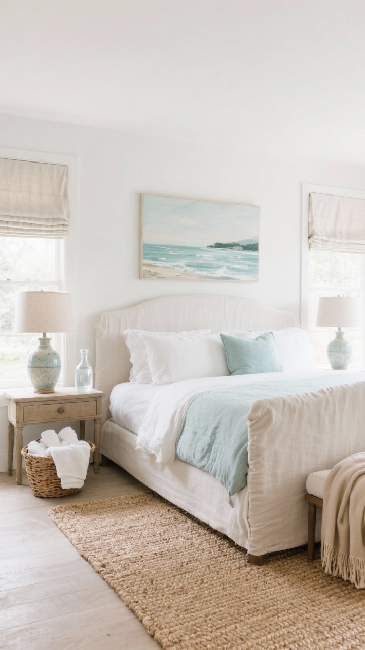 Medium-wide coastal quiet luxury bedroom in soft sand tones, chalky whites, and a whisper of sea-glass blue: slipcovered bed frame, woven jute rug underfoot, ceramic lamps, linen Roman shades, coastal landscape painting over the bed; nightstand styled with a glass carafe of water, basket of plush white towels, and a folded cashmere throw; bright natural daylight, relaxed and airy.