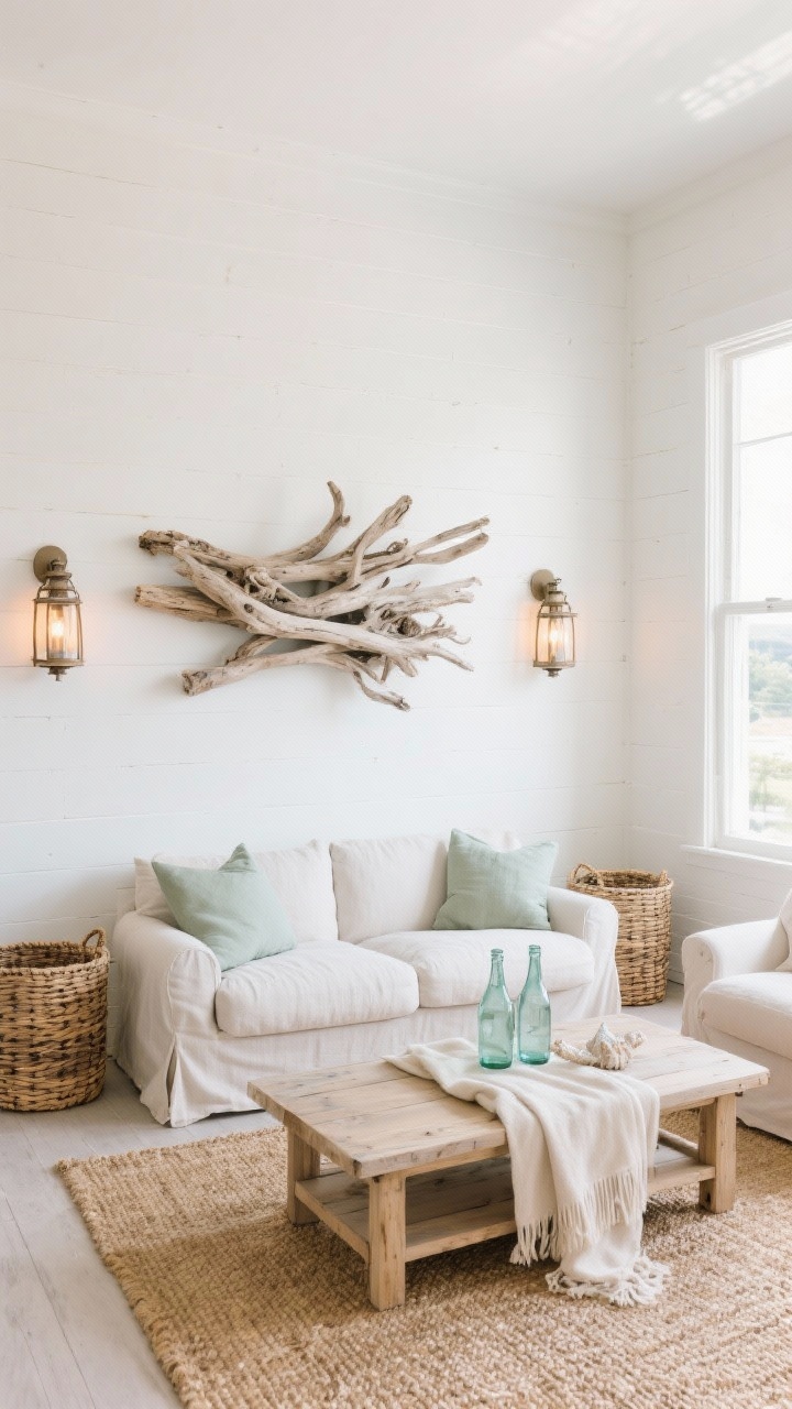 Medium-wide coastal rustic living room: white plaster wall with a large organic driftwood wall sculpture as the centerpiece; flanked by woven baskets and paired sconce lanterns; slipcovered sectional, bleached oak coffee table, seagrass rug; minimal accessories—sea glass bottles and a linen throw; palette white, sand, soft sage, bleached oak; textures driftwood, linen, seagrass, plaster; bright natural light with warm sconce accents; corner angle.