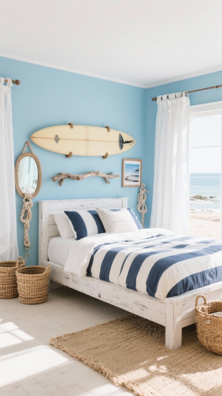 Medium-wide coastal surf bedroom: Soft sky-blue walls, a whitewashed wood bed with a striped navy-and-cream duvet, breezy white curtains catching natural light. A surfboard mounted on wall pegs, rope-framed mirrors, rattan baskets for storage, jute rug on sandy beige floors. Nautical knots decor, beach photography, and a driftwood shelf. Palette: sky blue, navy, sandy beige, crisp white. Bright, sunlit atmosphere.