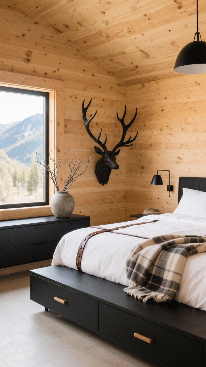 Medium-wide corner angle of a modern mountain cabin bedroom: honey-toned pine walls, simple matte black platform bed with crisp white bedding; leather strap details on a bench at the foot and on drawer pulls; minimalist black pendant lights instead of bedside lamps; decor includes an antler-inspired sculpture (not real antlers), a muted plaid throw folded on the bed, and a stoneware vase with branches on a low dresser; bright natural daylight filtering in, clean lines and airy feel.