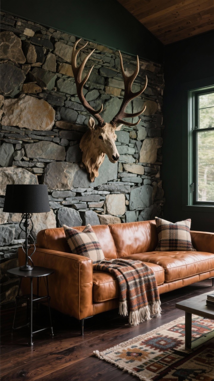 Medium-wide den with a stacked fieldstone accent wall behind a low-slung cognac leather sofa; oversized antler mount centered above as sculptural focal point; wool plaid pillows, kilim throw, blackened steel floor lamp; dark wood floors, warm moody lighting; palette charcoal, cognac, taupe, deep forest green; textures of stone, leather, wool, metal; photorealistic, corner angle.