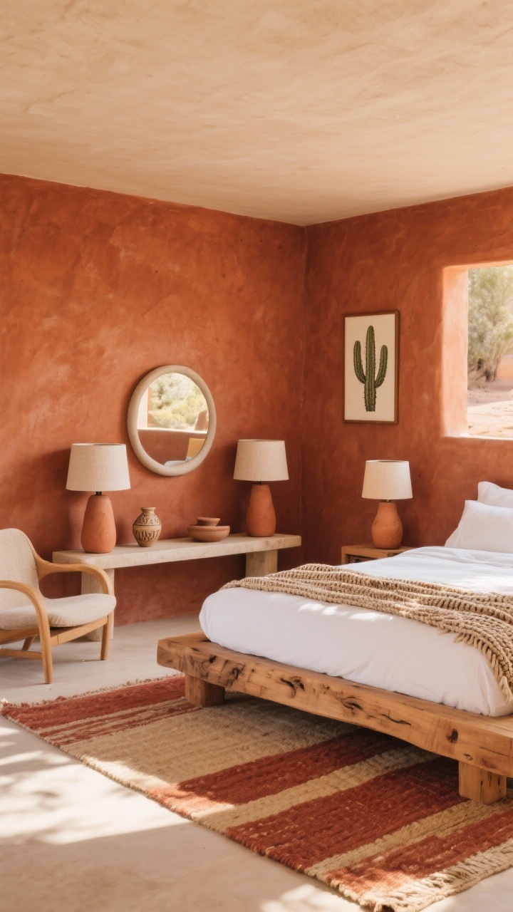 Medium-wide desert modern retreat: terracotta walls, chunky wood bed, flat-woven rug in rust and sand; clay-base lamps with linen shades, rounded plaster mirror, curvy accent chair, artisan ceramics on a simple console; crisp white bedding, woven throw, framed cactus print; warm sunlit afternoon glow to emphasize sun-baked tones.