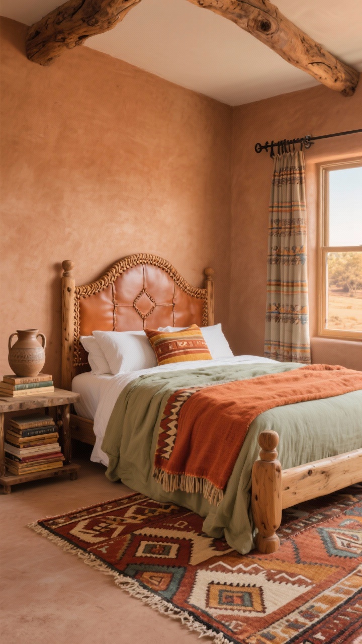 Medium-wide desert ranch bedroom with clay-colored walls and knotty alder furniture with rounded edges; headboard featuring woven leather or saddle-stitched detail; Southwest-inspired textiles in terracotta, ochre, and soft sage layered on the bed; flatweave kilim rug with geometric motifs; accents of ceramic jugs, stacked vintage books on a side table, and forged metal curtain rods framing the window; warm late-afternoon light.