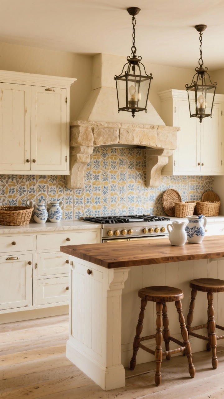 Medium-wide: French Country Provençal kitchen featuring cream-painted cabinets with antiqued glaze, cambered corbels, and a stone hood surround over the range. A patterned tile in faded cornflower and taupe forms the backsplash. Warm walnut island with turned-leg stools, porcelain pitchers on display, wrought-iron lanterns overhead, and woven baskets under a console. Photorealistic, soft golden daylight, straight-on.