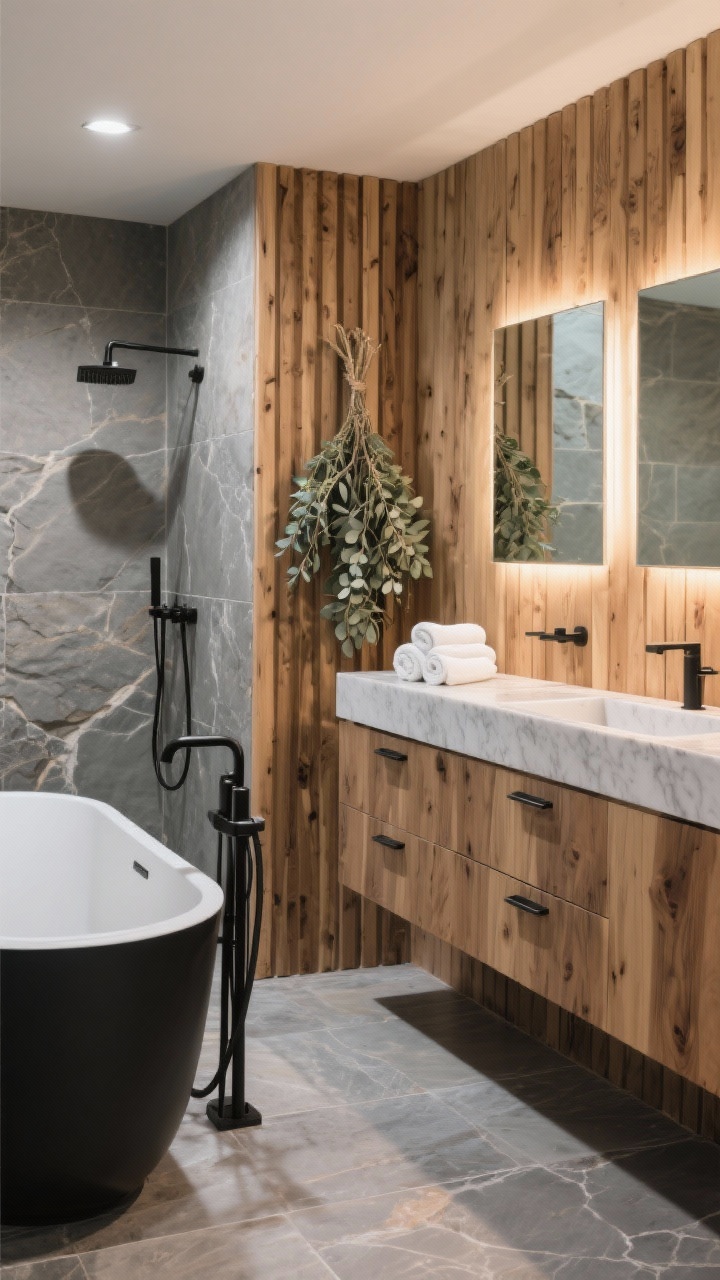 Medium-wide modern rustic spa: vertical cedar slats along the vanity wall, large-format stone-look porcelain flooring, and a matte-black freestanding tub filler beside a sleek tub edge; floating wall-to-wall rift-sawn oak vanity with integrated pulls and a solid quartz trough sink; soft backlit mirrors casting a gentle glow; rolled white towels and a eucalyptus bundle hanging in the shower; crisp, contemporary lighting; photorealistic.