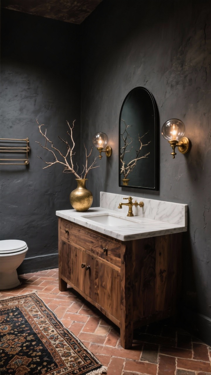 Medium-wide moody bathroom in charcoal limewashed walls with a rough-hewn walnut vanity and handmade terra-cotta tile floor laid in herringbone; antique brass fixtures and a pair of smoked glass globe sconces flanking a black-framed arched mirror; a Persian-style runner on the floor; foraged branches arranged in a brass vase on the vanity; low, dramatic lighting with warm highlights catching the brass; photorealistic.