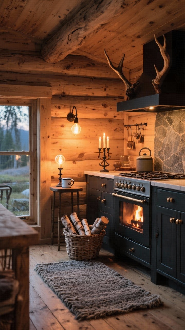 Medium-wide: Nordic cabin glow kitchen with knotty pine paneling in a light wash and charcoal cabinets. A soapstone stove surround anchors the range; a chunky wool runner lines the floor. Warm Edison bulbs, iron candelabras, and a small table lamp create layered, amber lighting. Antler handles, birch logs in a basket, and enamel mugs add fireside comfort. Photorealistic, evening warmth, oblique angle.