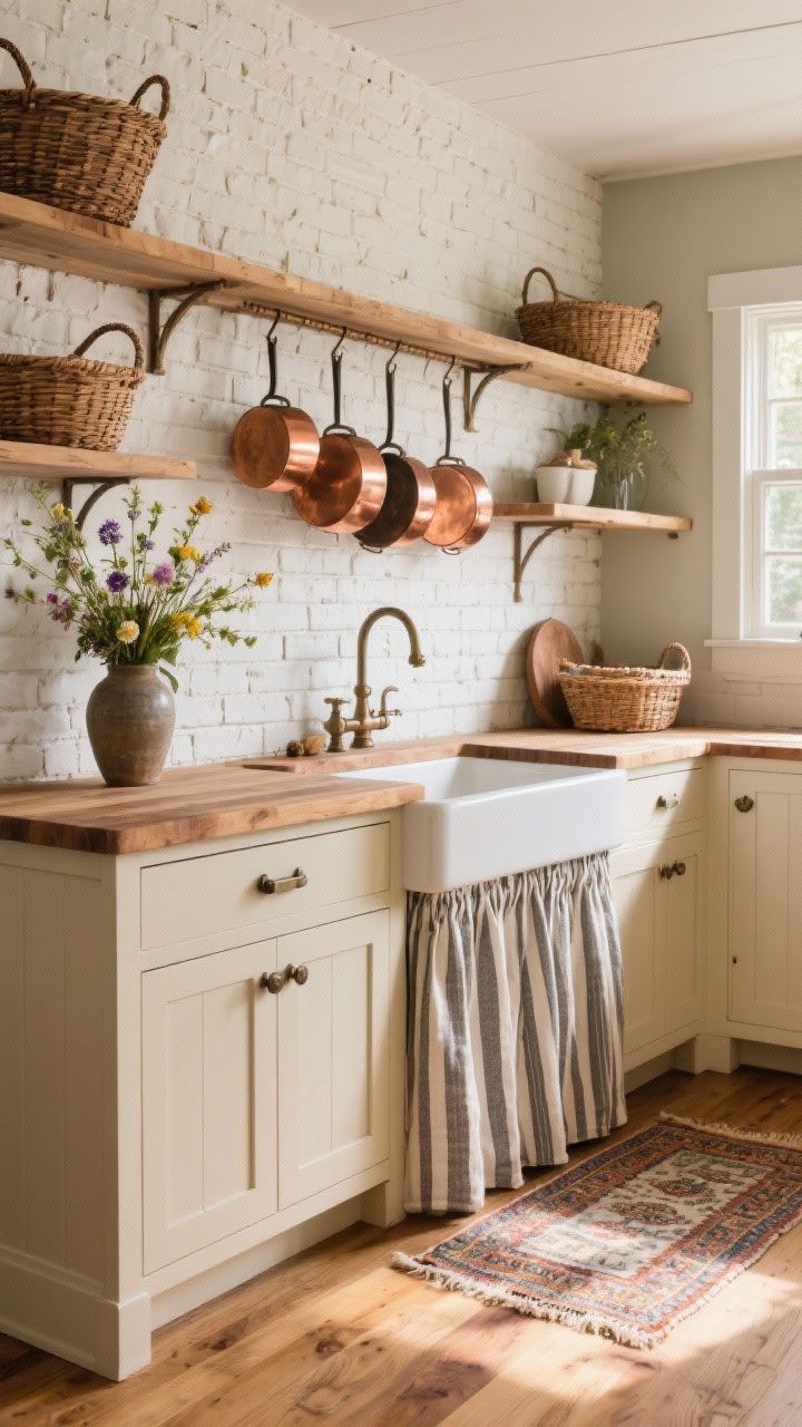 Medium-wide rustic boho farmhouse kitchen: buttermilk cream cabinets with bin pulls, butcher-block counters, whitewashed brick veneer backsplash, a copper pot rack with shining pans, striped linen sink skirt, wicker demi-lune baskets on high shelves, vase of wildflowers on the counter, tiny Persian runner popping against wood floors, warm afternoon light, photorealistic.