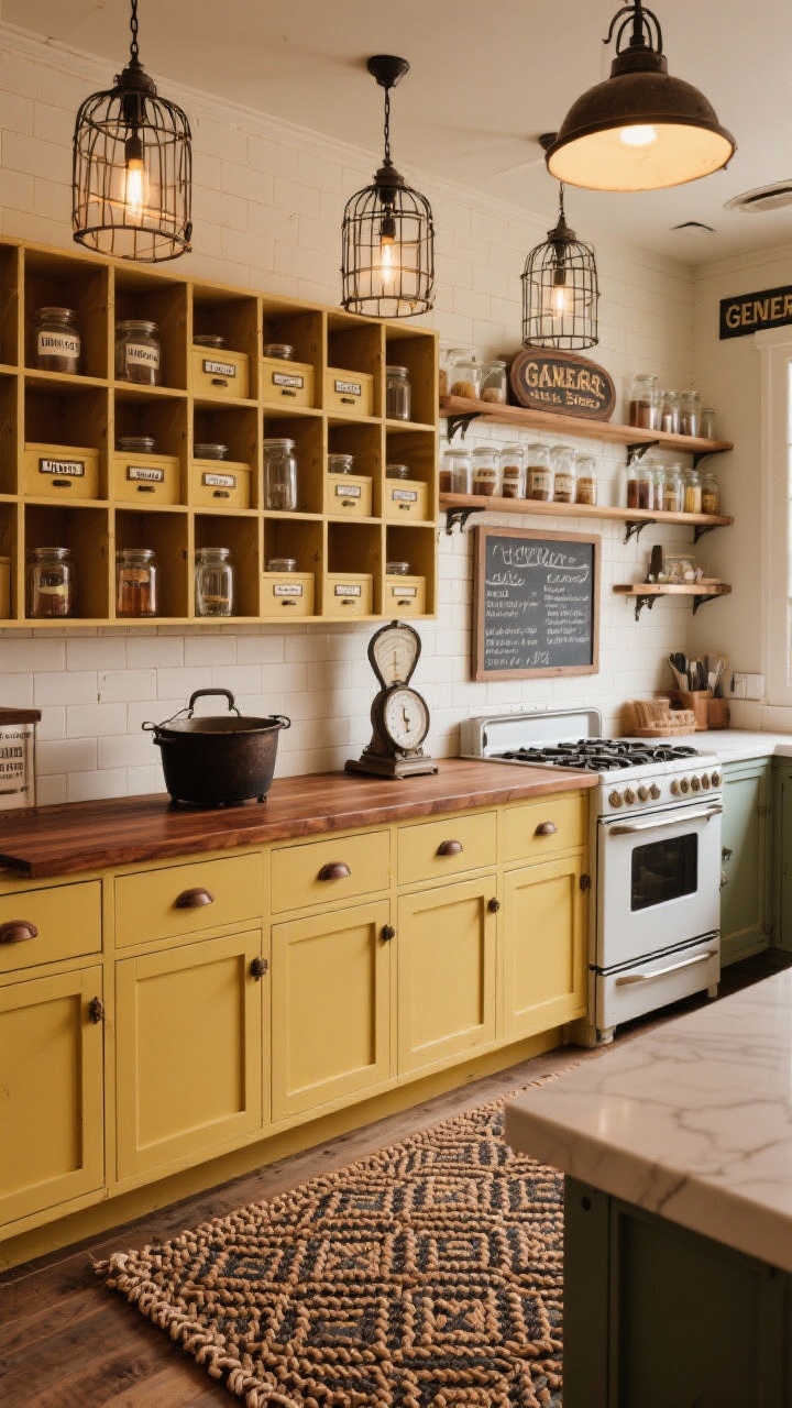 Medium-wide: Vintage general store–inspired kitchen wall with a grid of cubbies and labeled apothecary-style drawers. An open counter displays a pot-bellied scale; butter-yellow lower cabinets with warm walnut tops anchor the scene. Factory cage pendants hang above, shelves lined with glass jars, a chalkboard menu near the stove, and a patterned braided rug underfoot. Photorealistic, warm ambient lighting, oblique angle.